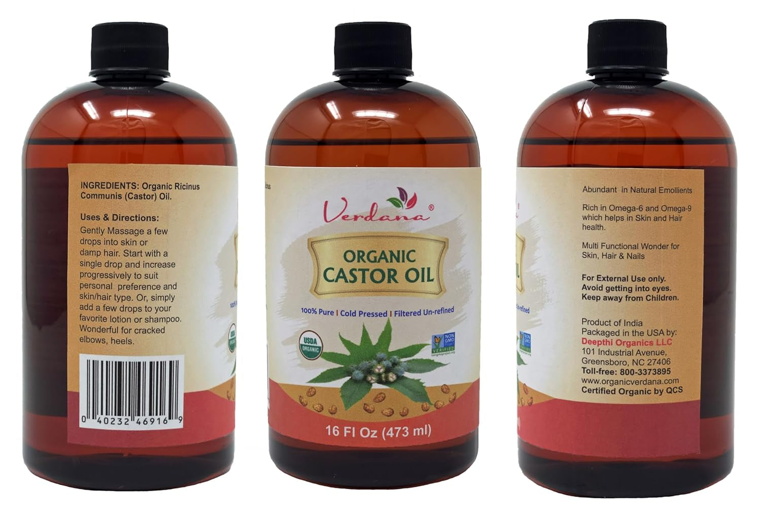 Organic Castor Oil, Cold Pressed & Hexane Free – for Hair & Scalp Care, Eyelashes, Eyebrows & Skin Care – USDA Certified, Pure & Natural – 16 Fl Oz