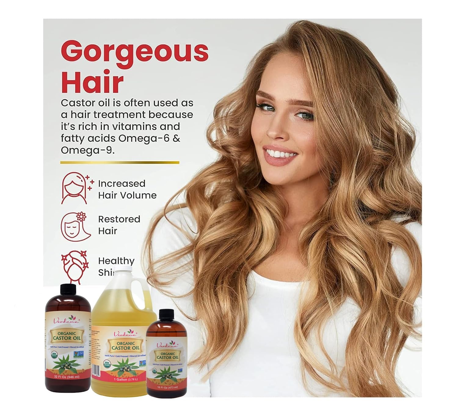 Organic Castor Oil, Cold Pressed & Hexane Free – for Hair & Scalp Care, Eyelashes, Eyebrows & Skin Care – USDA Certified, Pure & Natural – 16 Fl Oz